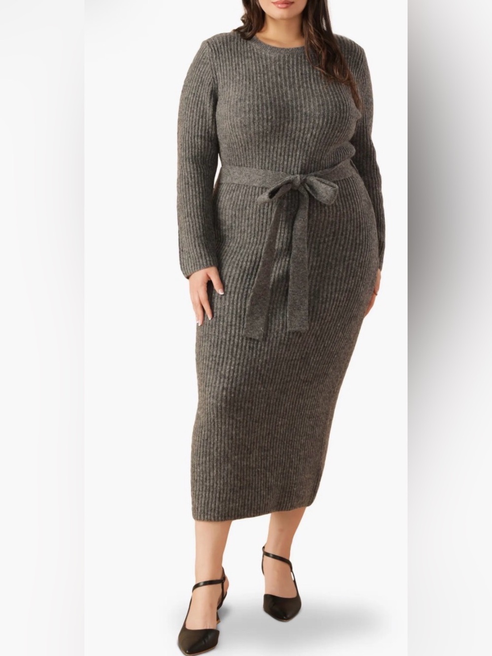 Flying Tomato Charcoal Gray Ribbed Knit Belted Maxi Dress